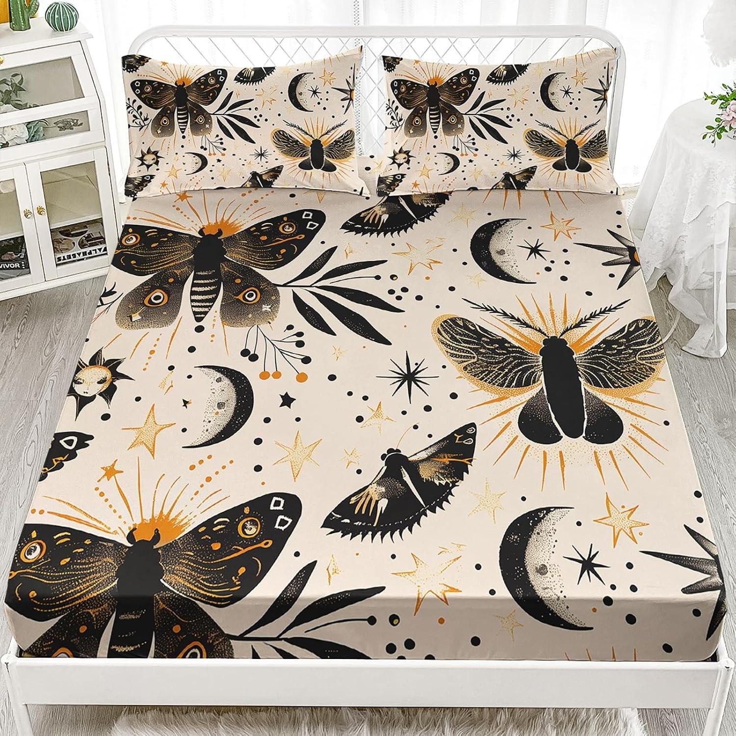 Death Moth Theme Extra Large Twin Bed Set, Moon Sun Pattern Bohemian Style Soft Deep Pocket Sheet, Includes Two Pillowcases, Unisex, 3-Piece Set, Polyester Bedding