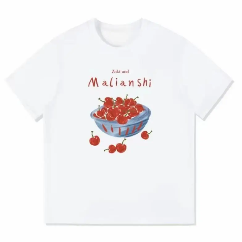 Watercolor Cherry Bowl Graphic Oversized Cotton T-Shirt, Cute Fashion Comfort Outfit, Simple Aesthetic Casual Top