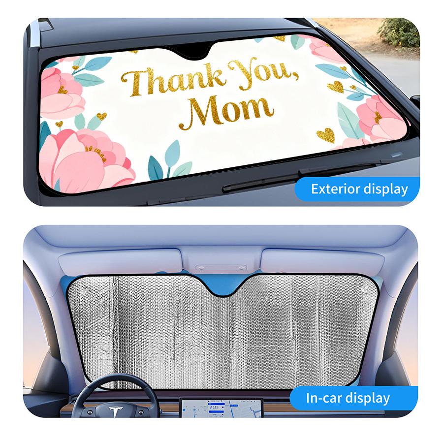 1pc Mother's Day Car Sunshade,Foldable Windshield Cover with Pink Flowers and Golden Hearts Design, UV Protection for Summer Driving, Beach Trips, Daily Commute, Easy to Store