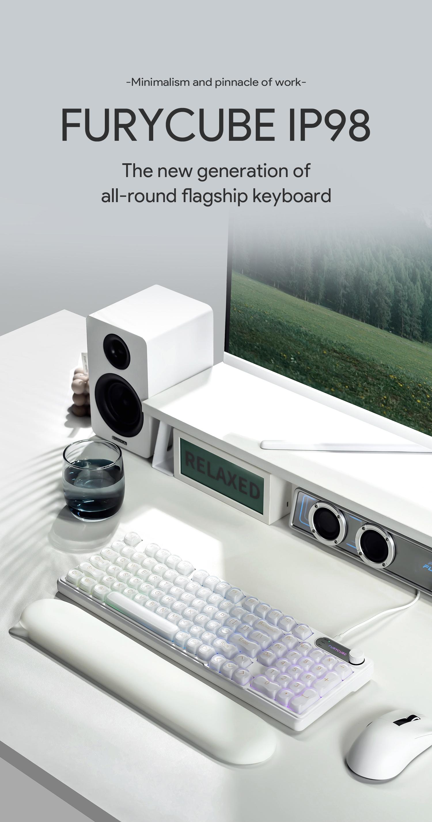 FURYCUBE IP98 Wired | Wireless Keyboard Gradient PBT Keycaps Side-Engraved Backlit Letters Smart Knob Gasket Structure Waterproof RGB Lighting Durable Double-Shot Keycaps Anti-Oil Matte Texture Membrane Keyboard Office Silent