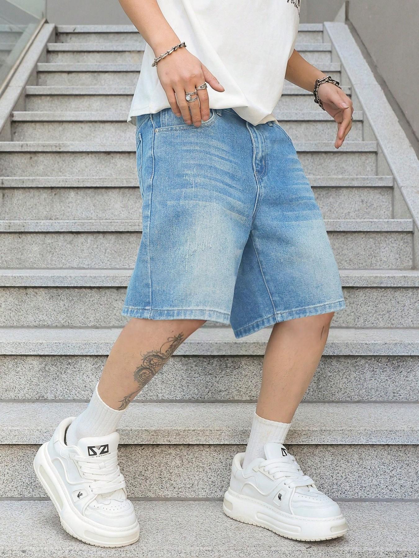 Men's Vintage Washed Classic Denim Shorts, Non-Elastic Straight Leg Fit, Simple Daily Wear Casual Pants, Loose-Fitting Short-Length Bottoms