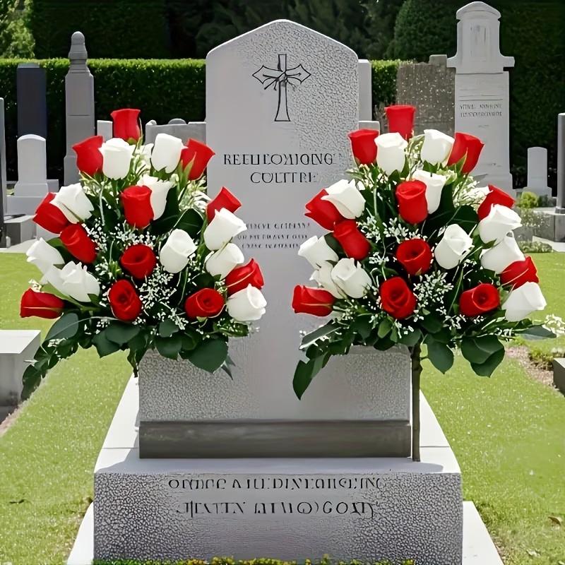 2 Artificial Cemetery Flowers, Roses with Leaves, Weatherproof Memorial Decor, No Maintenance, Outdoor Graveyard Decoration