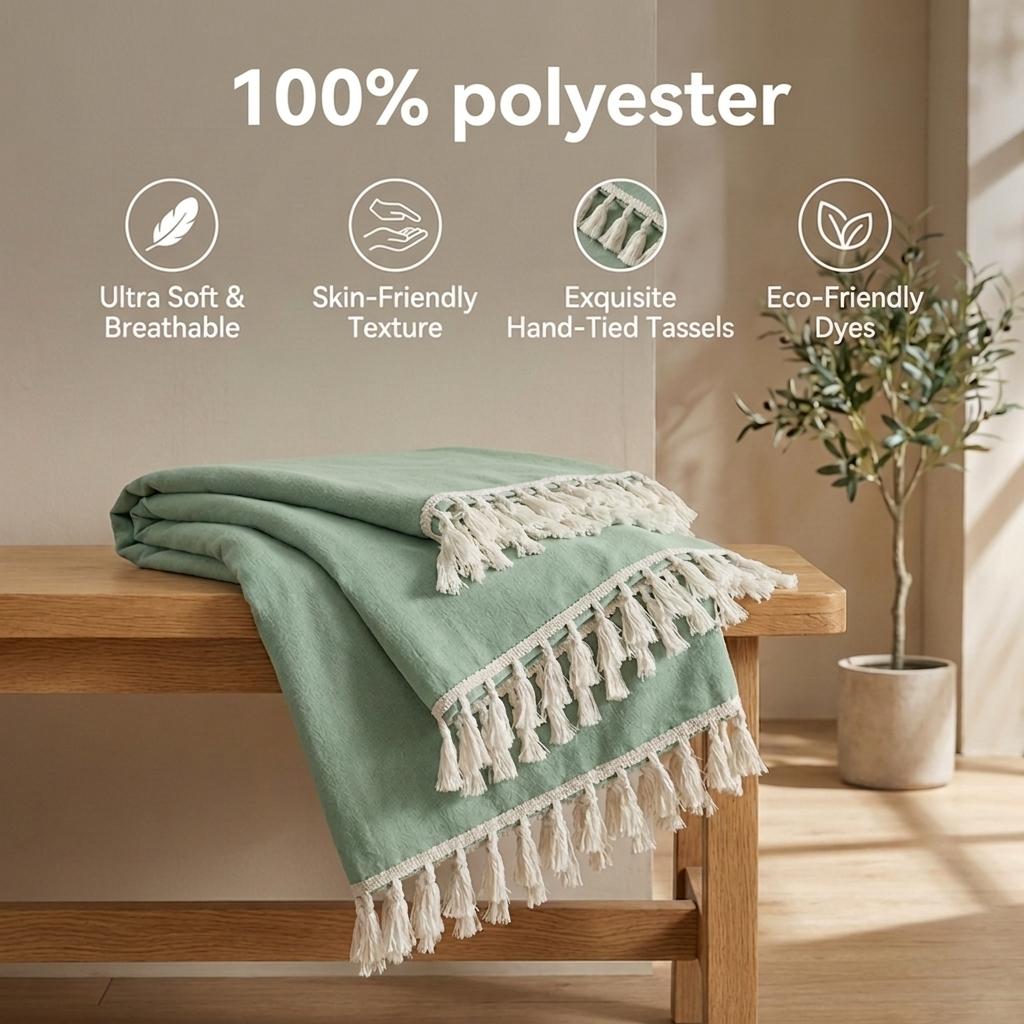 Sage Polyester Tablecloth, Thick Heavyweight Textured Fabric, Handmade Tassels, Farmhouse Rustic Style, 90x90/140x180/140x220/140x260 Cm