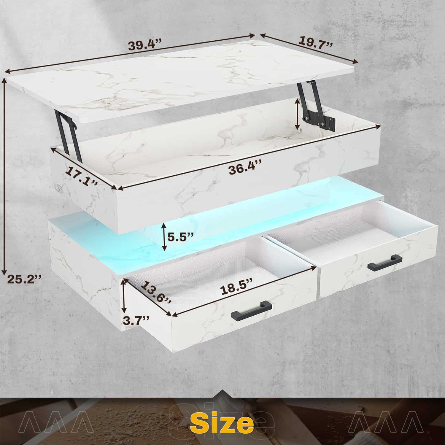 SEDETA 40-inch Faux Marble Rectangular Coffee Table with Drawers & LED Lights Living Room Furniture Foldable Height Adjustable Storage Compartment
