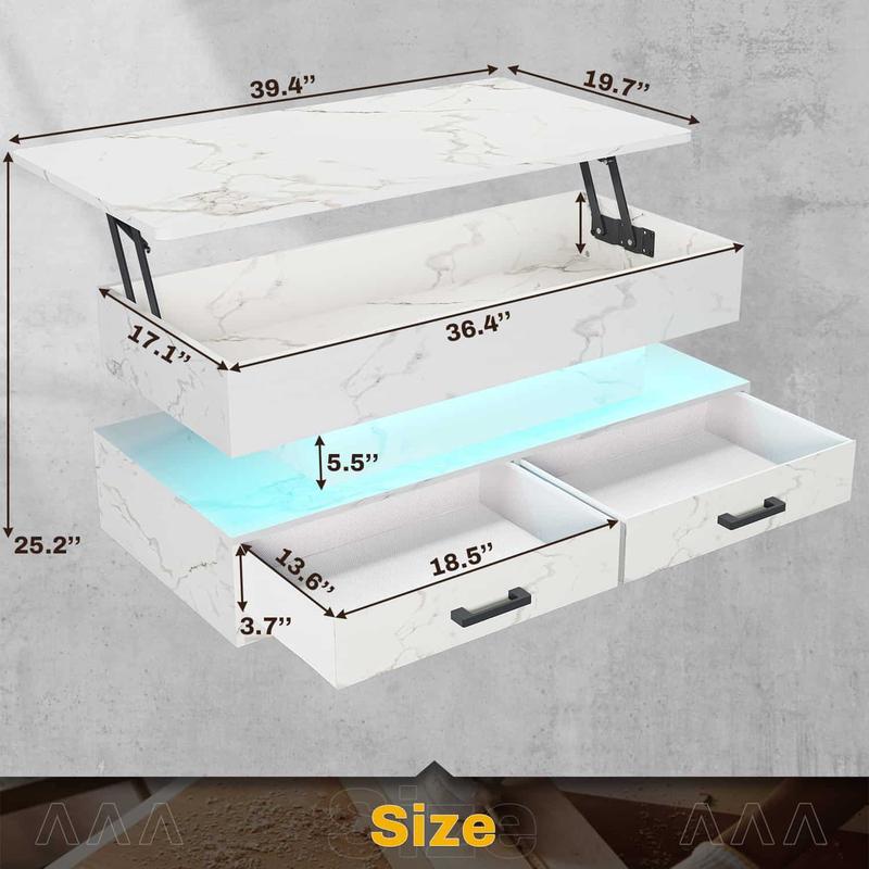 SEDETA 40-inch Faux Marble Rectangular Coffee Table with Drawers & LED Lights Living Room Furniture Foldable Height Adjustable Storage Compartment