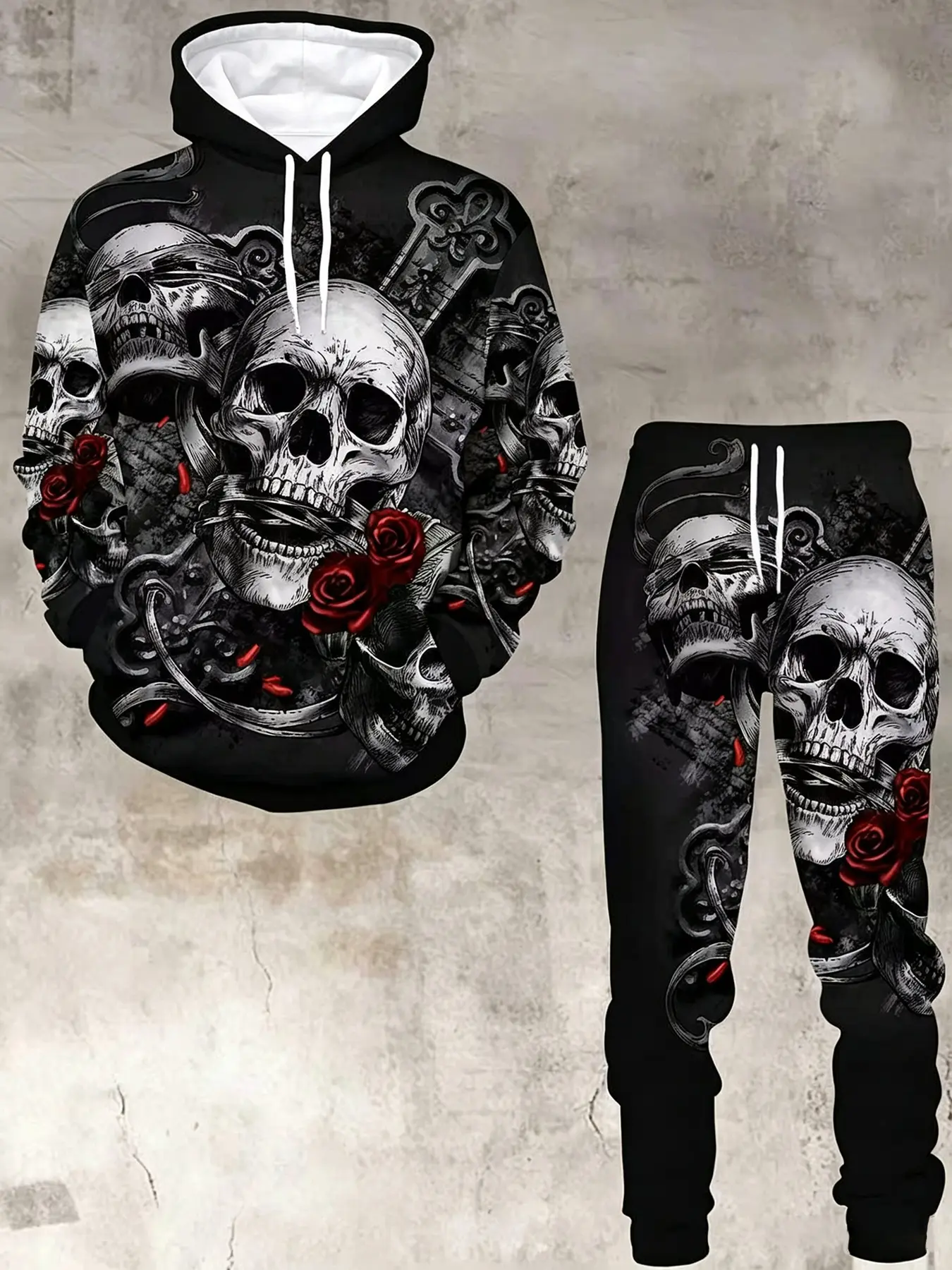Black All-Over Print Digital Pattern Sweatshirt Dark Rose Skull Pullover Hooded Sweatshirt + Pants Men'S And Women'S Couple Set Color Block + Retro Skull Rose Digital Print Long-Sleeved Hoodie And Drawstring Pants 2pcs Set