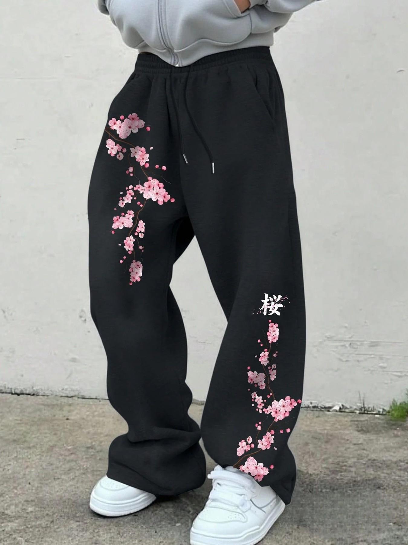 Japanese Streetwear Cherry Blossom Graphic Sweatpants - Oversized Aesthetic Joggers for Men & Women, High Waisted Loose Track Pants for Daily Casual & Street Style Outfits