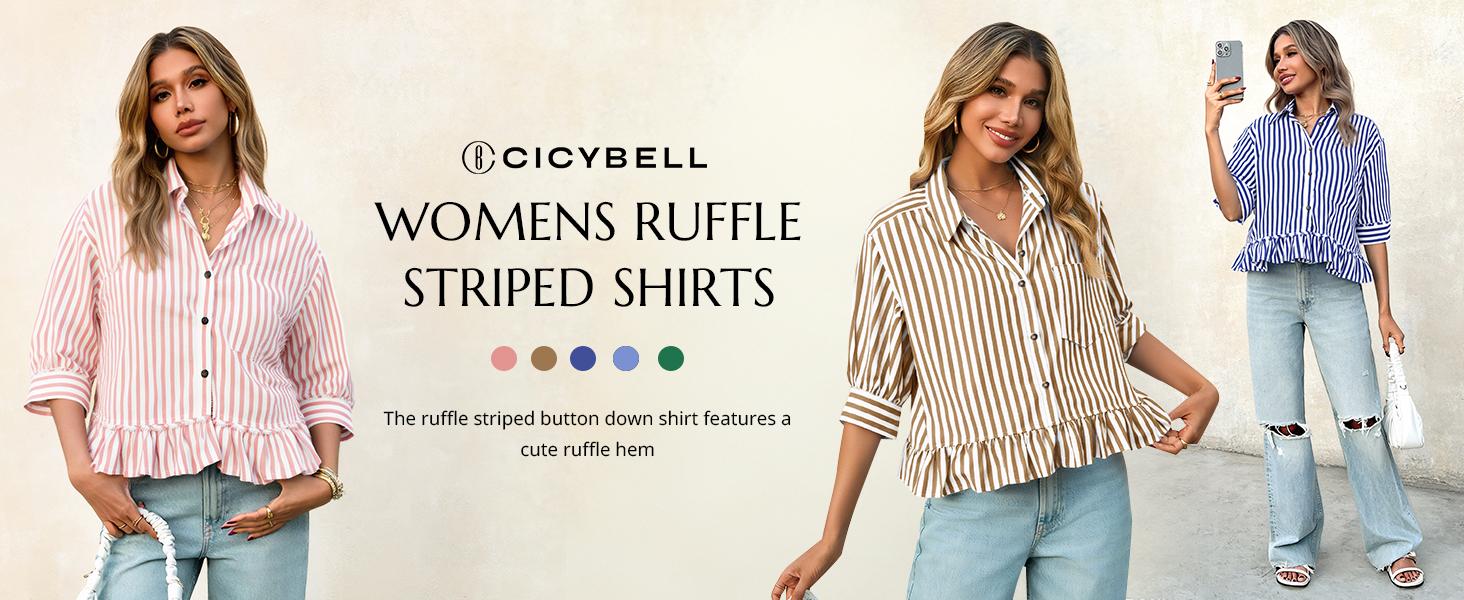 Cicy Bell Women’s Cropped Striped Button Down Shirts Ruffle 3/4 Length Sleeve Summer Tops Dressy Casual Blouses