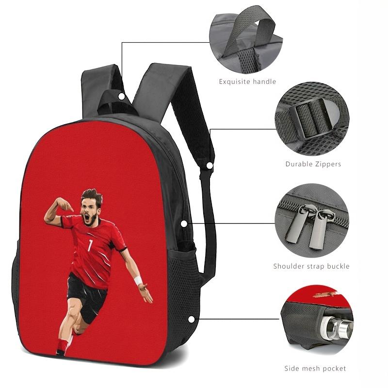 Unisex Football Theme 3-Piece Backpack Set - Durable Waterproof Scratchproof School Bag with Lunch Box, Pencil Case, Zipper Closure, Breathable Padded Straps, Fits 15in Laptop (No.1 Jersey Player Image on Solid Red Background)