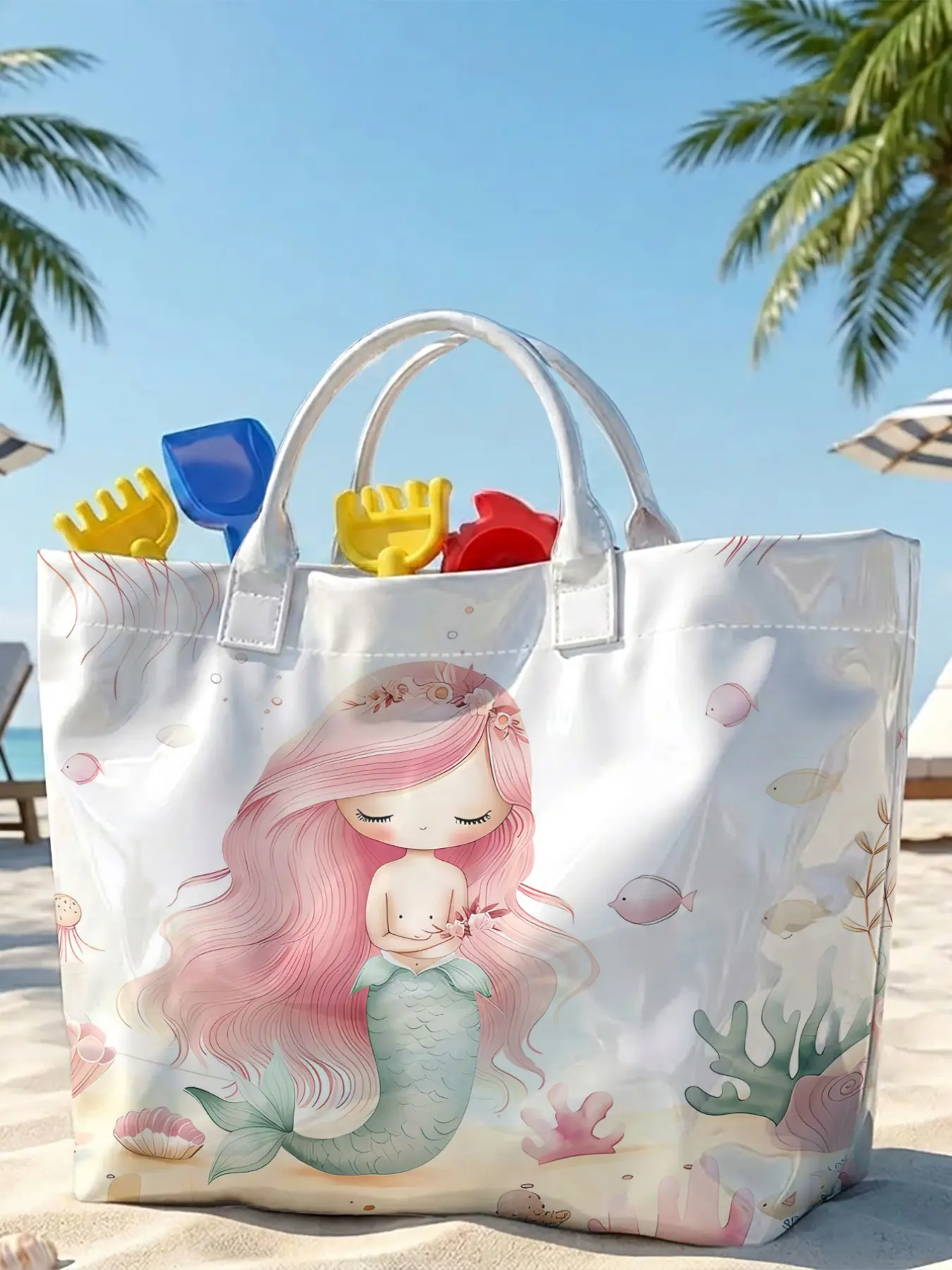 Fashion PVC Large Capacity Women's Tote Bag, Dreamy Hair Cartoon Mermaid Underwater Coral Scene 2D Print, Casual Shopping Bag