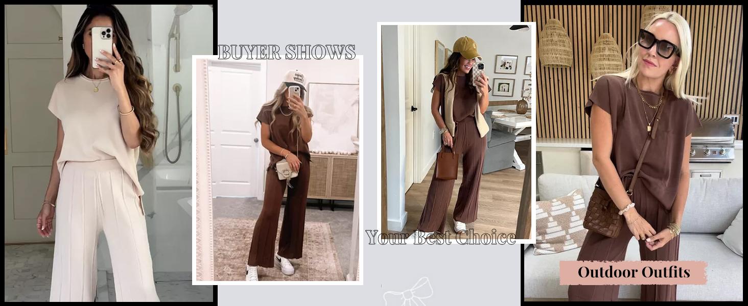 SCUSTY Women's Two Piece Outfit Summer Knit Pullover Top High Waisted Pants Set Sweatsuits