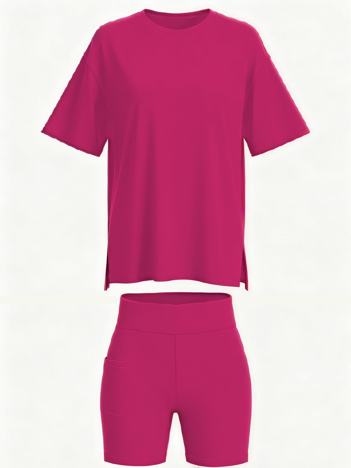 Women's Solid Color T-Shirt and Tight Shorts Set Loungewear, Summer Comfort Round Neck Pajamas, Casual Pocket Design, Suitable for Outdoor Wear