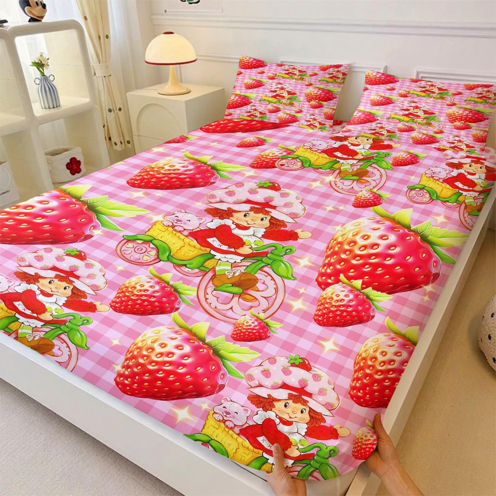 Strawberry Shortcake Gingham Fitted Sheet Set, 1 Fitted Sheet + 2 Pillowcases - 3 Pcs Soft Breathable Bedding with Deep Pocket, 360° All-Round Wrap, Wrinkle Resistant, Cute Strawberry Cartoon Bed Sheets for Girls Bedroom Decor, Full Size