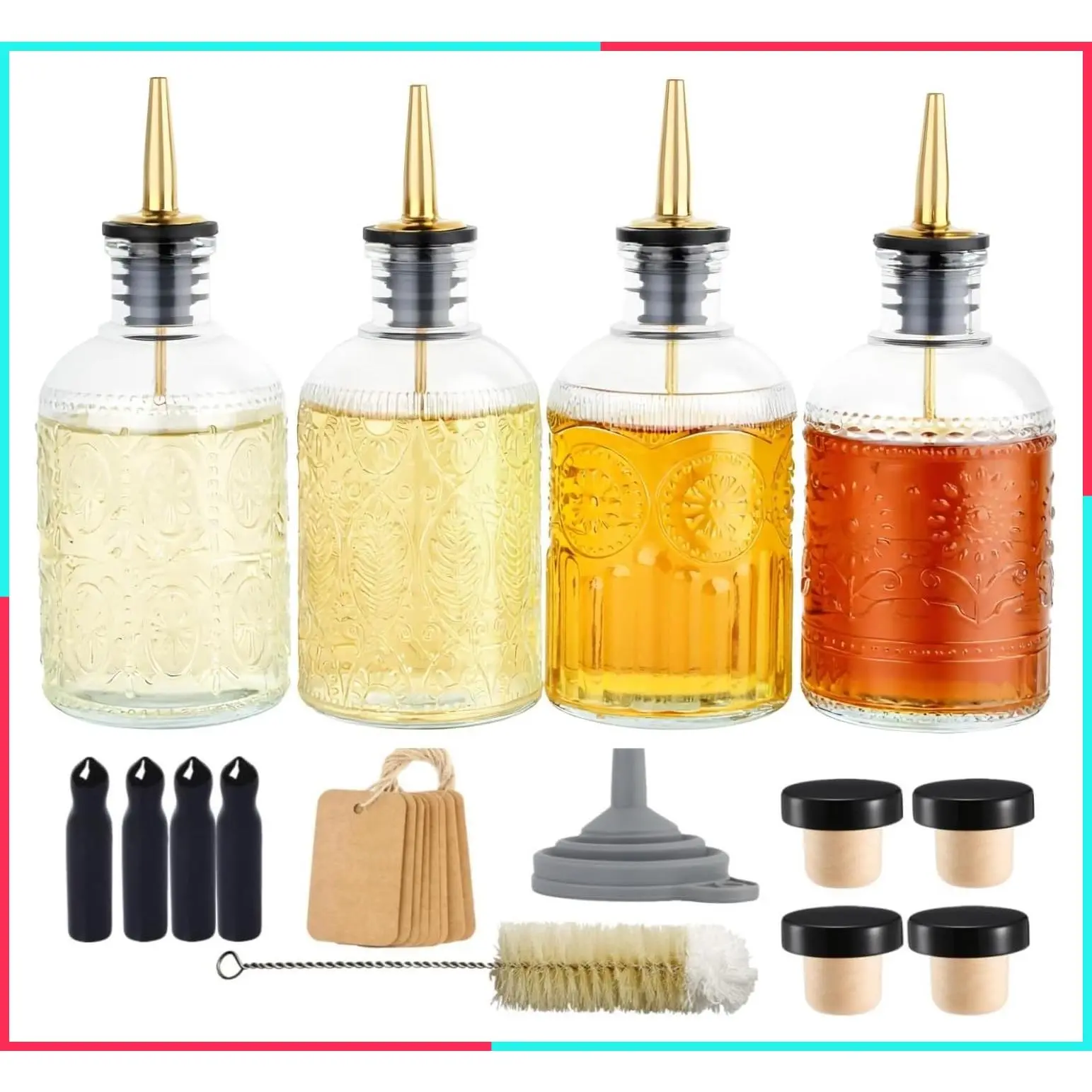 Simple Syrup Bottles Set of 4, Glass Coffee Syrup Dispenser Bottles 7 OZ With Metal Pour Spout, Labels and Stopper for Maple Honey Syrup Oil and Sauces