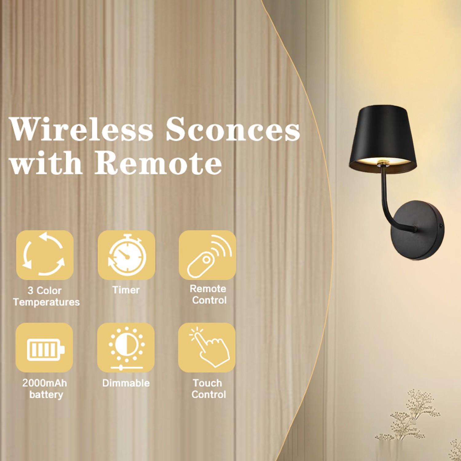 2-Pack LED Wall Lights, Adjustable Dimmable Touch Remote Control, Wire-Free Lamp for Bedroom Bedside Study Hallway Entryway