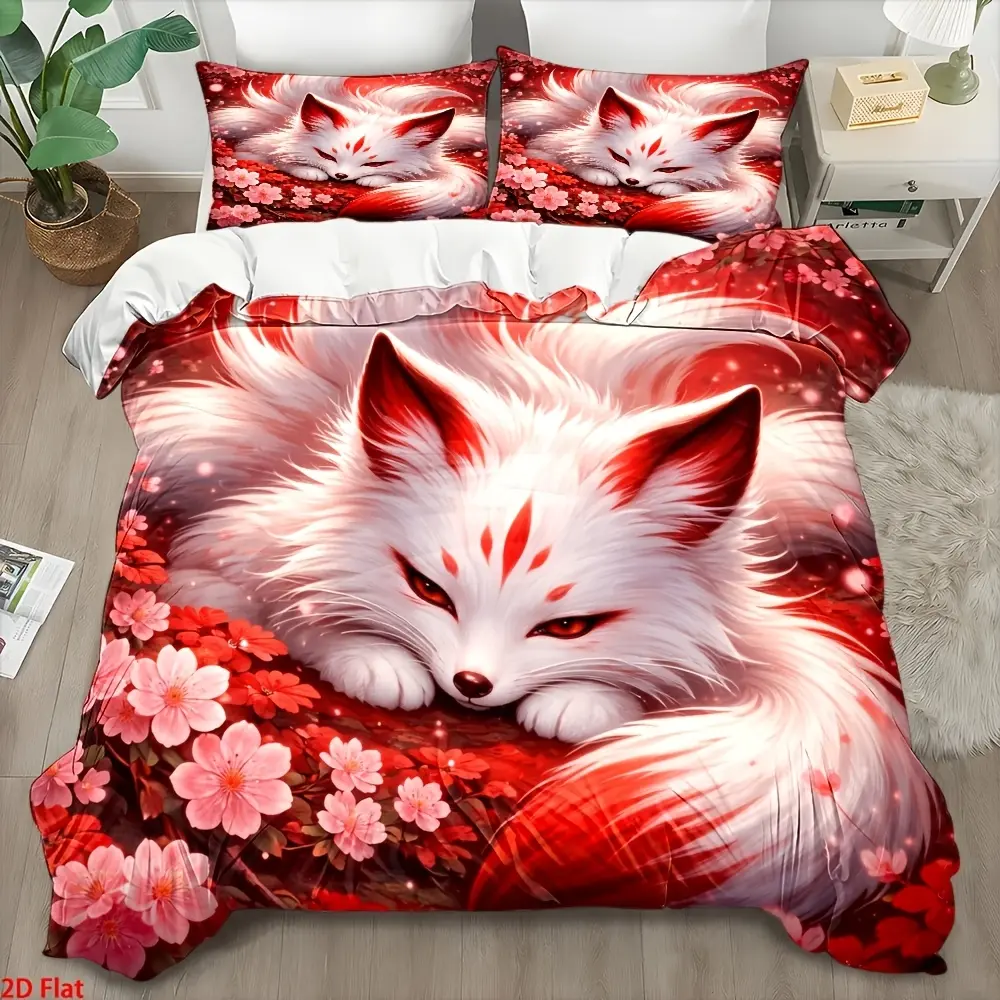 3PC Japanese-Style 9-Tailed Fox Cherry Blossom Bedding Set - 1 Duvet Cover + 2 Pillowcases, All-Season, Machine-Washable, Invisible Zipper Double Bed Cover Set for Home, Dormitory halloween decoration holiday sheets cottage core ultra-soft polyester boho
