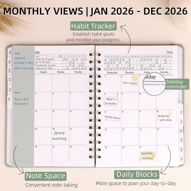 2026 Planner - Weekly and Monthly Planner Spiral Bound, Jan 2026 - Dec 2026, Hardcover Planning Agenda book with Tabs, Inner Pocket, Aesthetic, Academic, Planner Notebook, Perfect for Office Home School Supplies