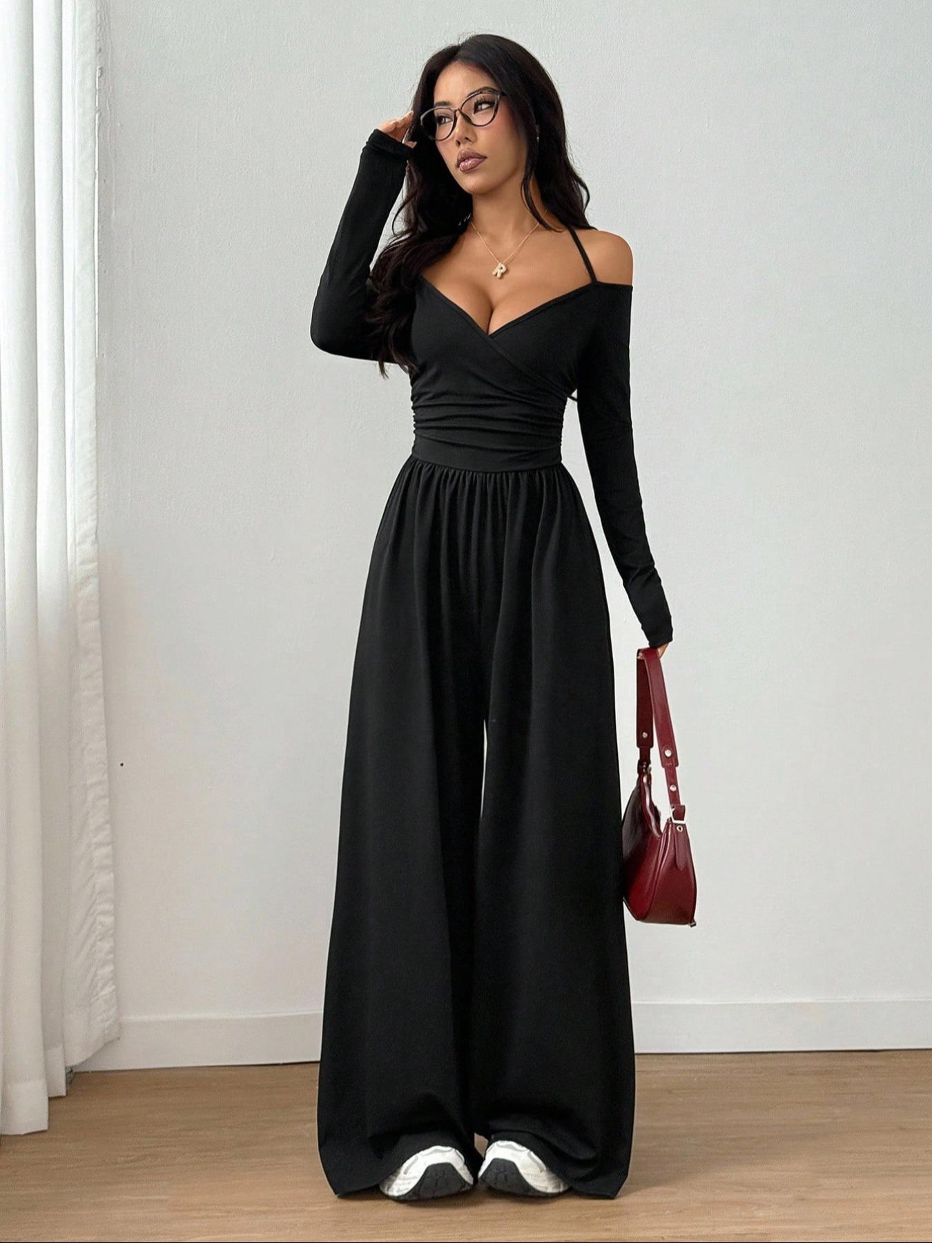 Women's Spring Summer Plain Knit Fashion Design Off-Shoulder Pleated Wide Leg Jumpsuit, Casual Daily Commute Pants, Slim-Fitting