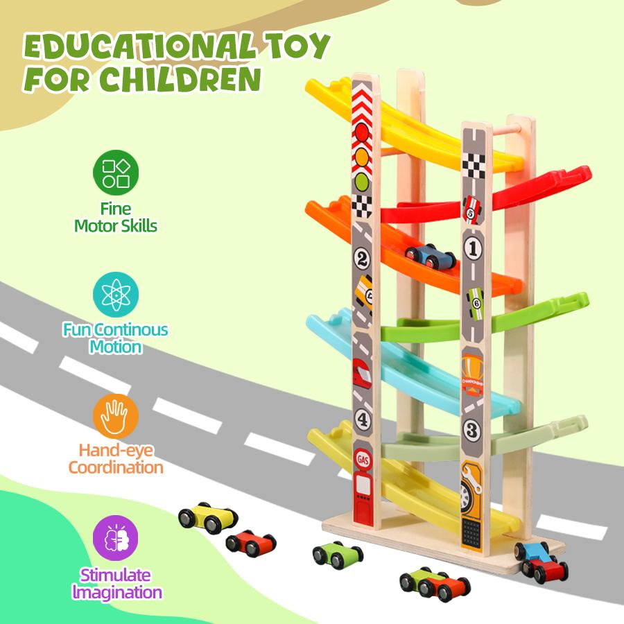 EDUTREE Toddler Toys Wooden Car Ramp Racer Toy Vehicle Set with 7 Tracks Mini Cars Race Tracks Montessori Inspired Gift for Boys Girls Play Playset Tricycle