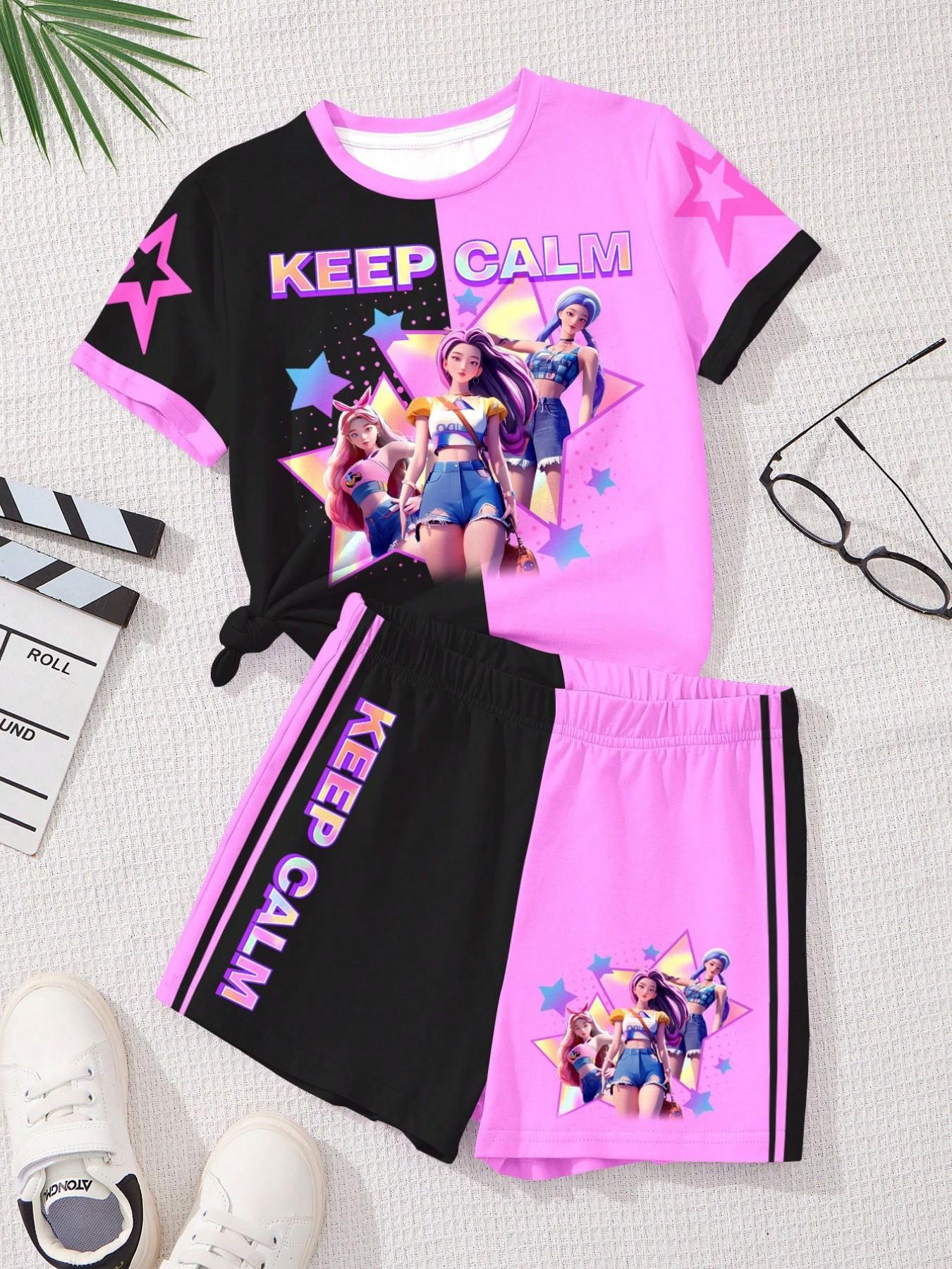 Spring Summer Fashion Kpop Anime Girl Patchwork Print Set, Girls Short Sleeve T-Shirt and Shorts 2 Piece Set, Soft Comfortable Fabric