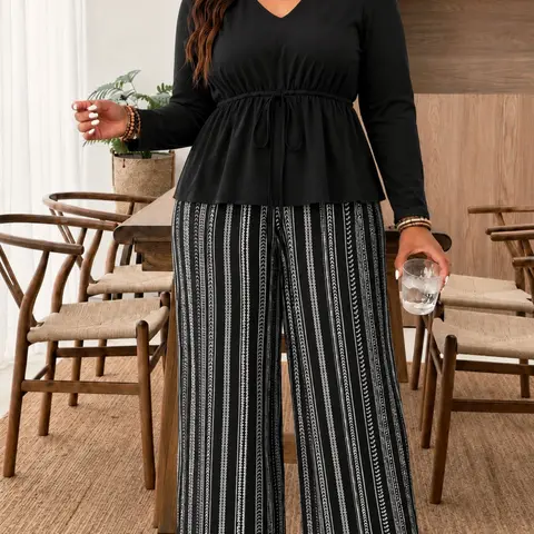 Women's Bohemian Floral Striped Vintage Print Two-Piece Set, Plus Size, and, Fall Winter, Casual Office Wear, Az181, Outfits