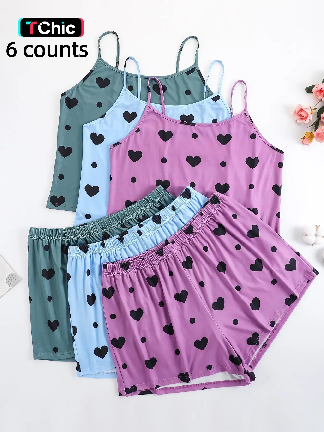 Plus Size Women's Casual Heart Print Sleeveless Spaghetti Strap Cami Top & Elastic Waist Shorts Pyjama Set, Sleepwear for All Seasons, Loungewear, Homewear