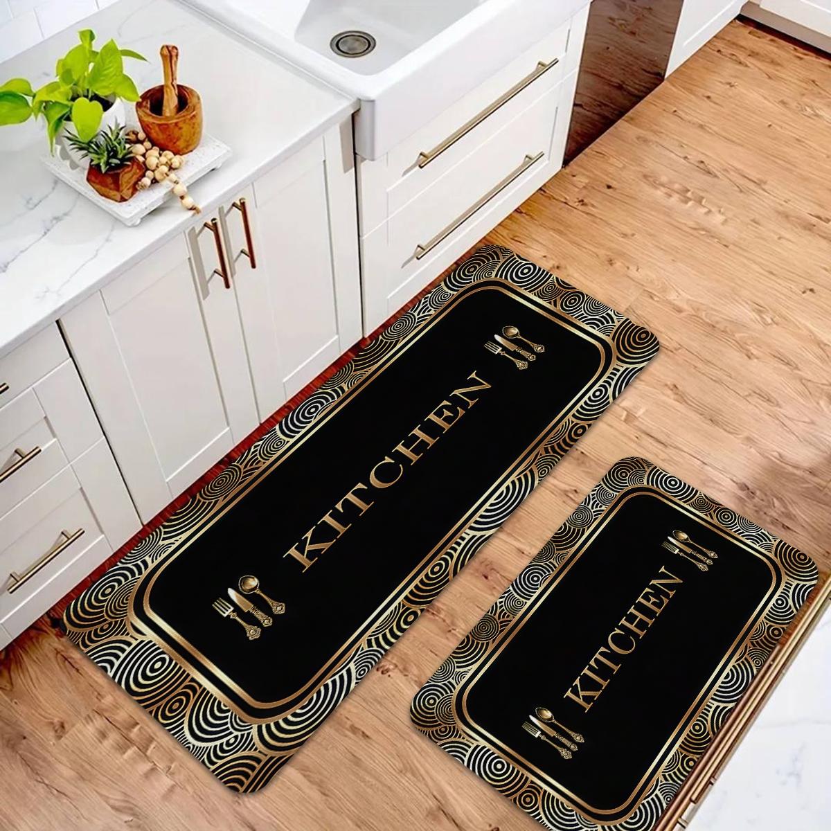 kitchen anti slip carpet floor, black gold geometric texture design printed kitchen floor, soft and comfortable flannel anti slip washable kitchen floor, suitable for kitchen, dining room, room decoration floor, Kitchen Area Rug