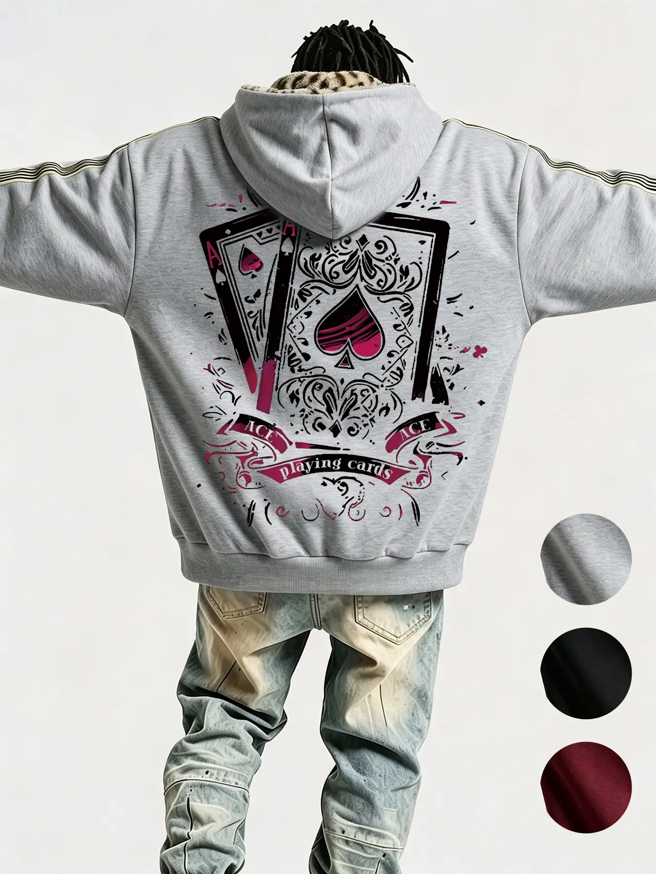 Men's Y2K Gradient Poker Ace Print Hoodie, Vintage Card Pattern, Loose Fit, Casual Streetwear, Spring & Fall Fashion, High-Street Style