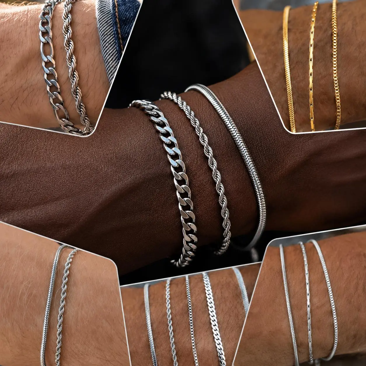Minimalist Mens Bracelets Set - Dainty Gold/Silver Chain Bracelet Non Tarnish Stackable Bracelets for Men Stainless Steel Adjustable Cuban Link Multi-layer Bracelet Snake Jewelry Gifts for Men Dad Him Father's Day