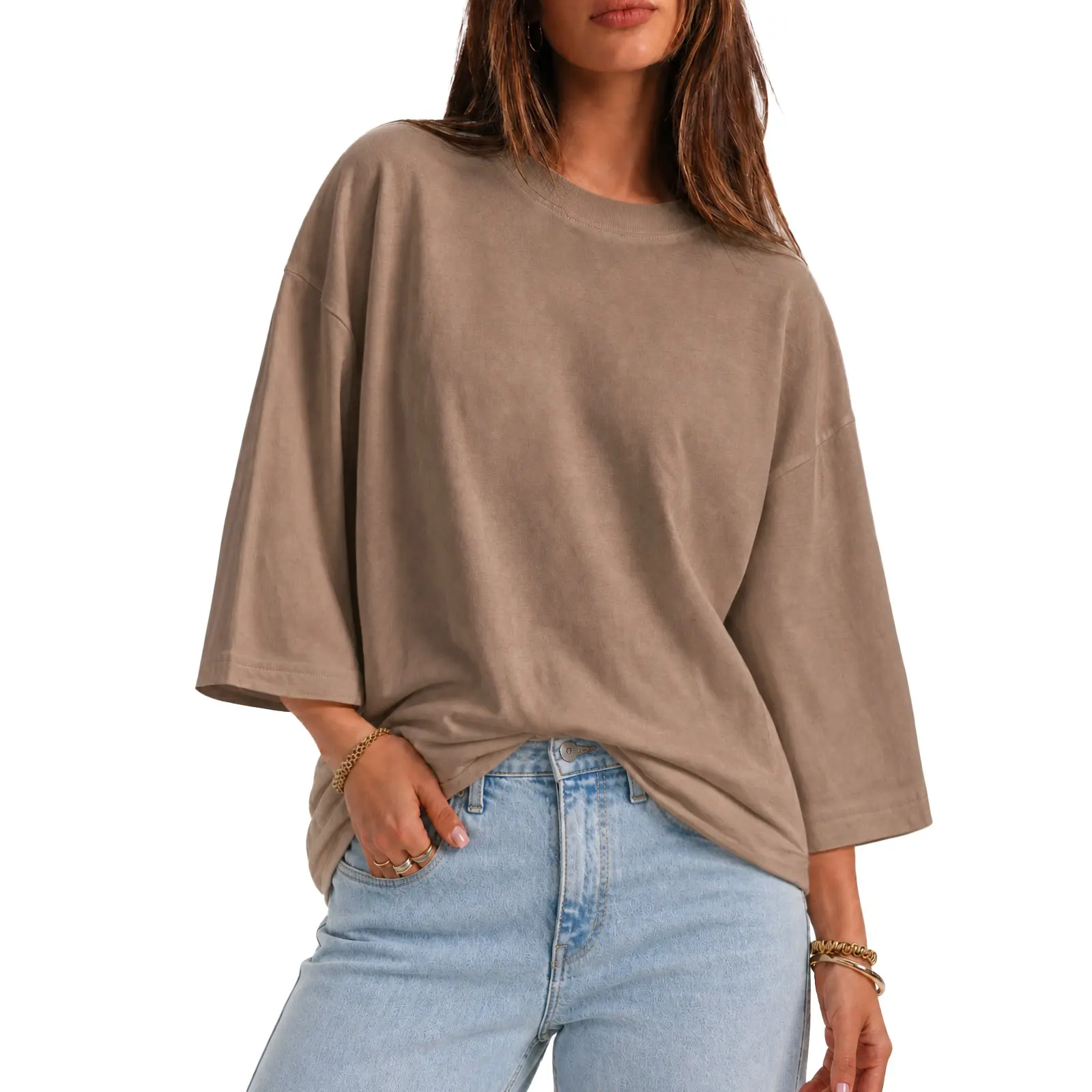 Flowyair Women's Oversized Baggy Loose-Fitting Cotton Elastane Crew Neck 3/4 Sleeve Casual Summer Basic T-Shirt, Ideal for Vacation, Beach Outfits, Tshirt