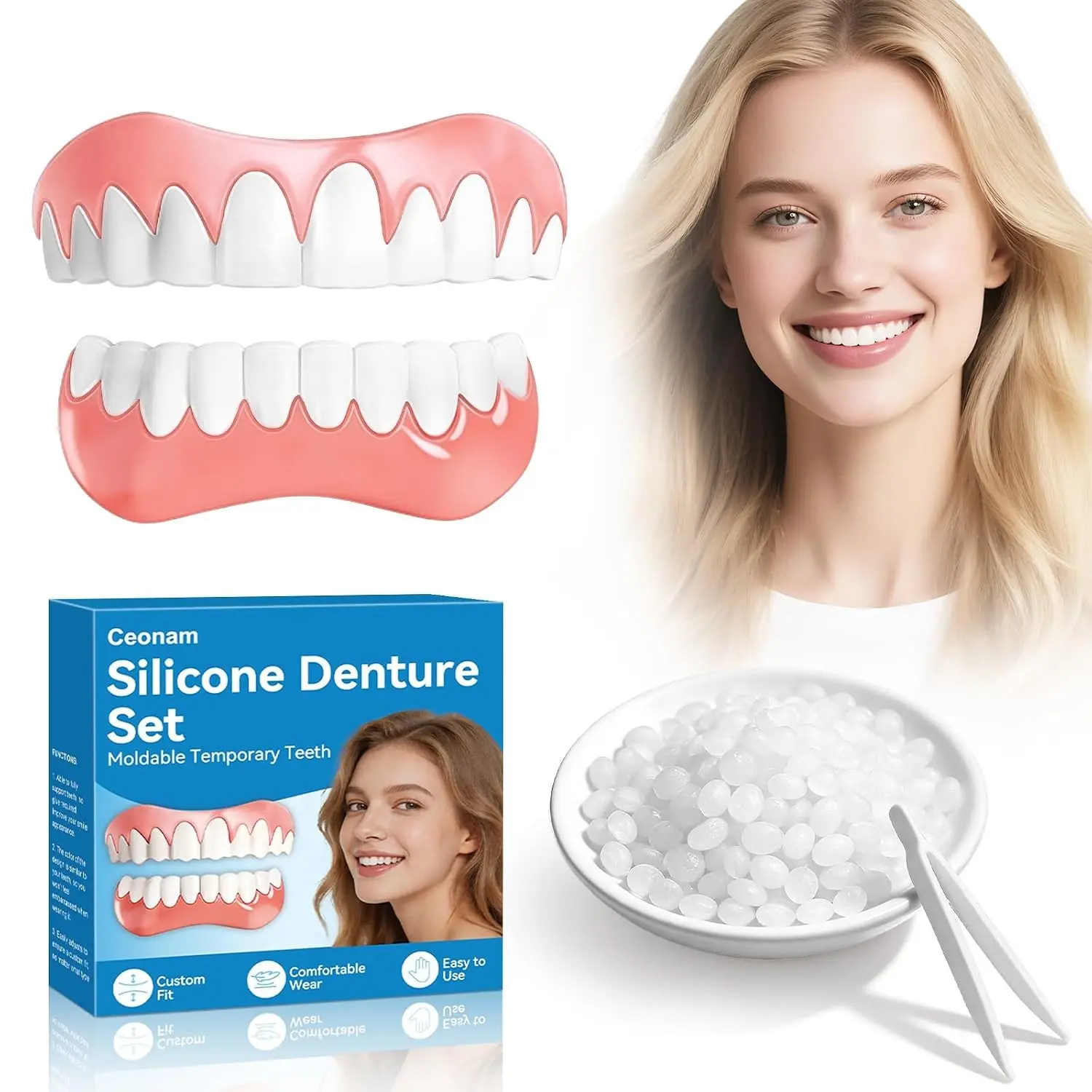 Moldable False Teeth Dentures Set for Women Men - Upper Lower Silicone Denture Kit with 0.7oz Dental Adhesive Beads, Plastic Tweezers, Storage Case, Natural Look Tooth