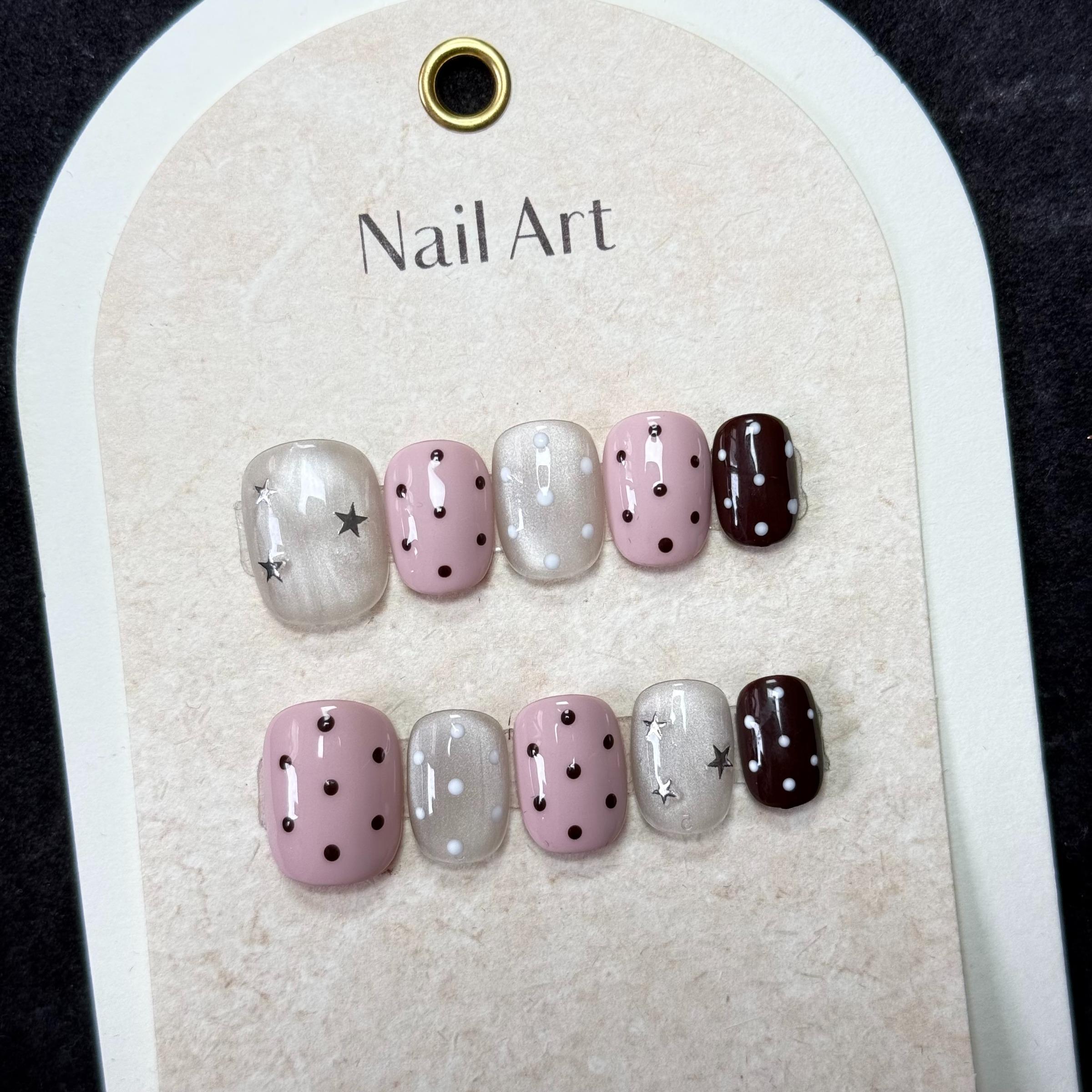 No Cheap Flair! Pink Brown Exquisite Hand-Painted Press On Fake Nails, Reusable, Glow Cream Base & Star Design, Euro-Style Sweet Luxury Nails