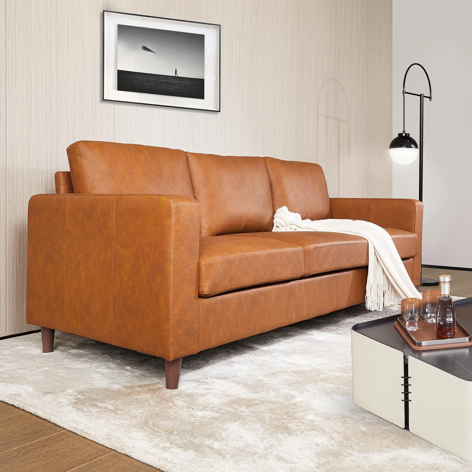 Brown Leather Sofa, 83 in Mid-Century Modern Couch, 3-Seater Sofa with Armrests and Comfy Cushions, Pu Deep Seat Sofas for Living Room, Bedroom, Office
