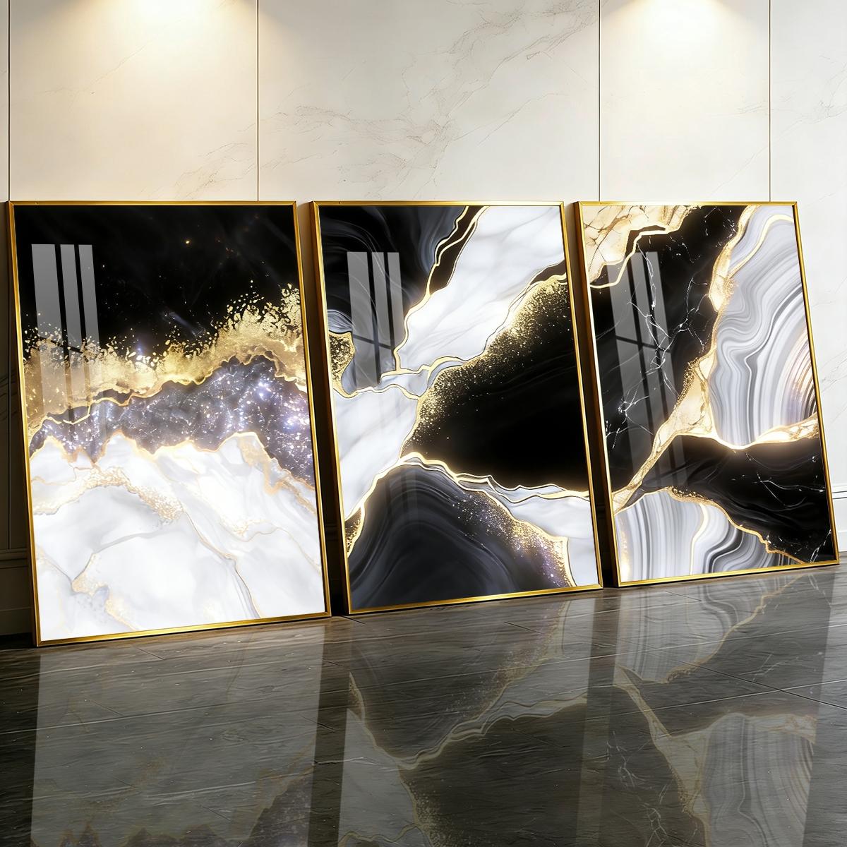 3 Counts Aluminum Alloy Framed Painting, Black White Gold Abstract Marble Art Pictures, Home Decoration For Living Room, Bedroom, Office, Restaurant, Hallway Wall Decor, Odorless Print Artwork, Luxury Perfect Gift For Friends And Family