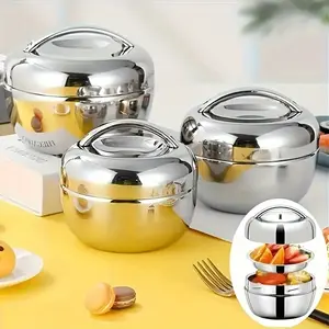 Stainless Steel Double Layer Insulated Lunch Box Leak Proof Bento Container for Office Workers Students Reusable Microwave Safe Round Food Container Back to School Essential