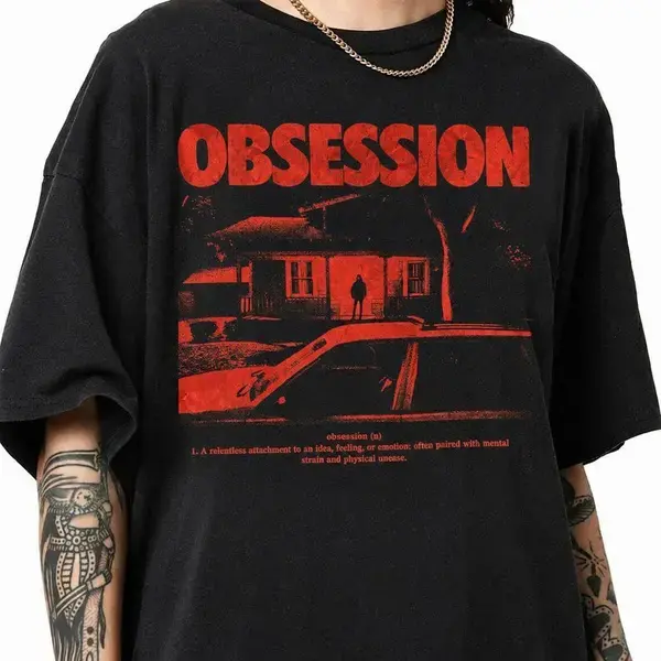 Obsession Retro Horror Graphic Oversized Cotton T-Shirt, Vintage Distressed House Silhouette Fashion Outfit, Ideal Holiday Gift For Men Women, Awesome Gift For Lovers Friends