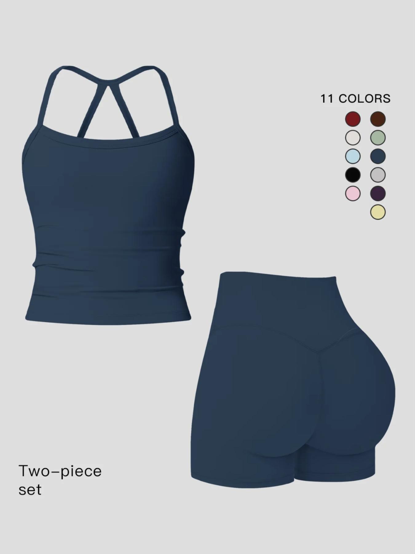 Women's Quick-Dry Two-piece Set, Active Sets, Sculpting Workout Outfit, Solid Backless Cami Top & High Waist Tummy Control Butt-Lifting Shorts, Ladies Sportswear for Indoor Outdoor Wear, Yoga Gym Running Wear, Activewear Yoga Fitness