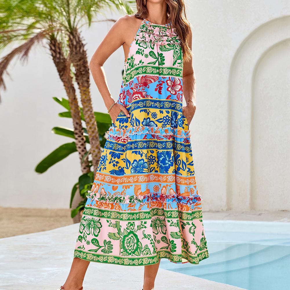 【Runs Large | Size Down】GRACE KARIN Women's Maxi Boho Dress Casual Summer Loose Long Floral Sundresses Flowy Halter Tiered Beach Vacation Outfits SpringStatements