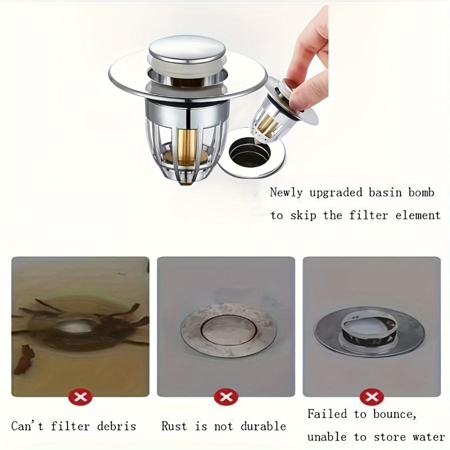 Bathroom Sink Drain Filter, Pop-Up Sink Drain Filter with Detachable Stainless Steel Basket, Bathroom Sink Plug Replacement