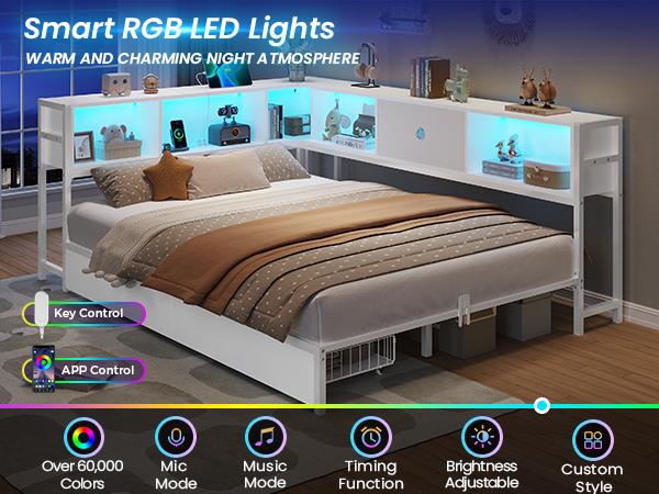 Hasuit Corner Twin Bed Frame with Storage Drawers and Bookcase Headboard, Twin Size Metal Platform Corner Bed Frame with Charging Station and LED Lights, Twin Daybed for Kids Teens Guests