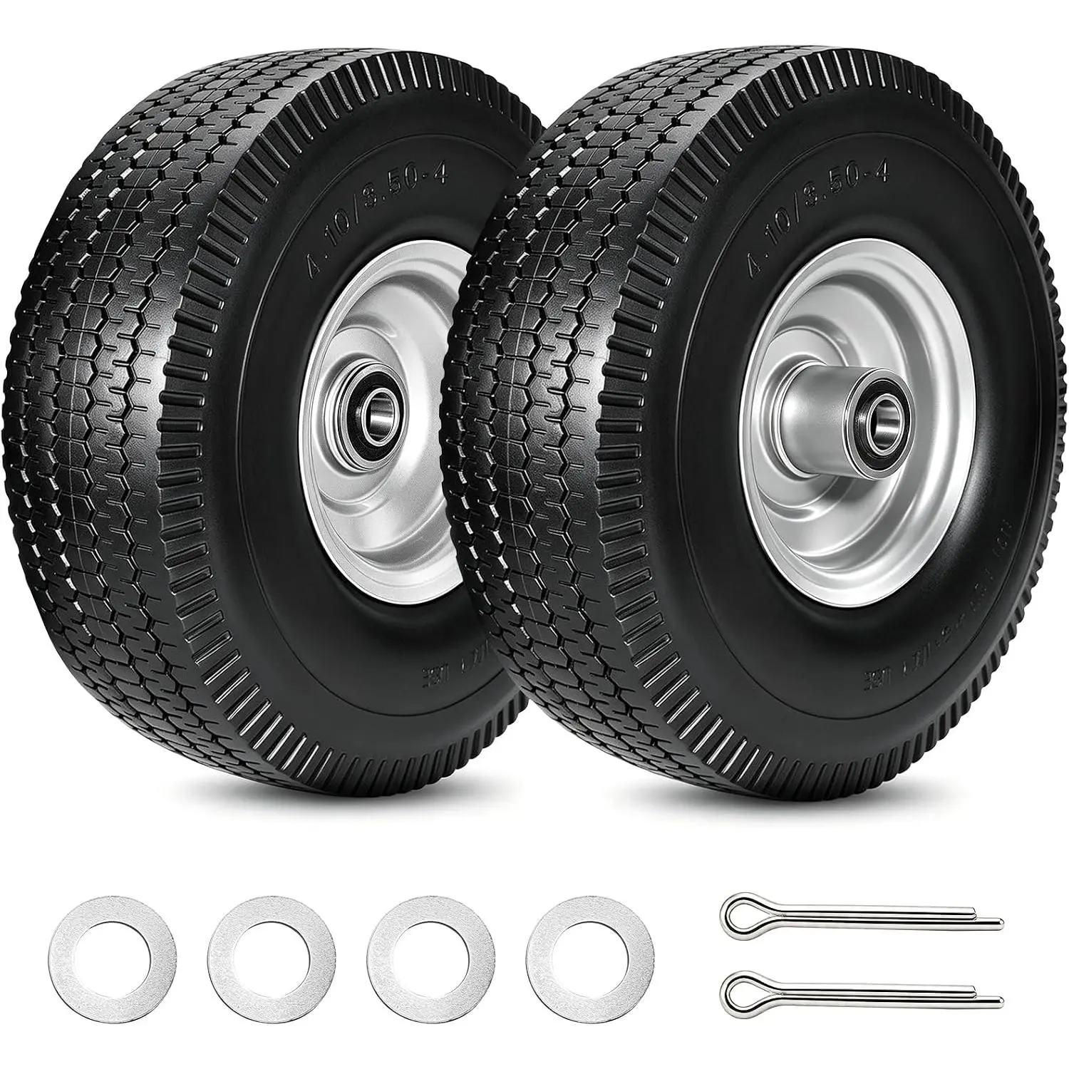 2 Pack 4.10/3.50-4 Flat Free Tire and Wheel,10 Inch Solid PU Foam Replacment Tire with 5/8" Double Sealed Bearings, Replacment for Gorilla® Cart Hand Truck Garden Utility Cart Wagon Trolley Dolly Cart
