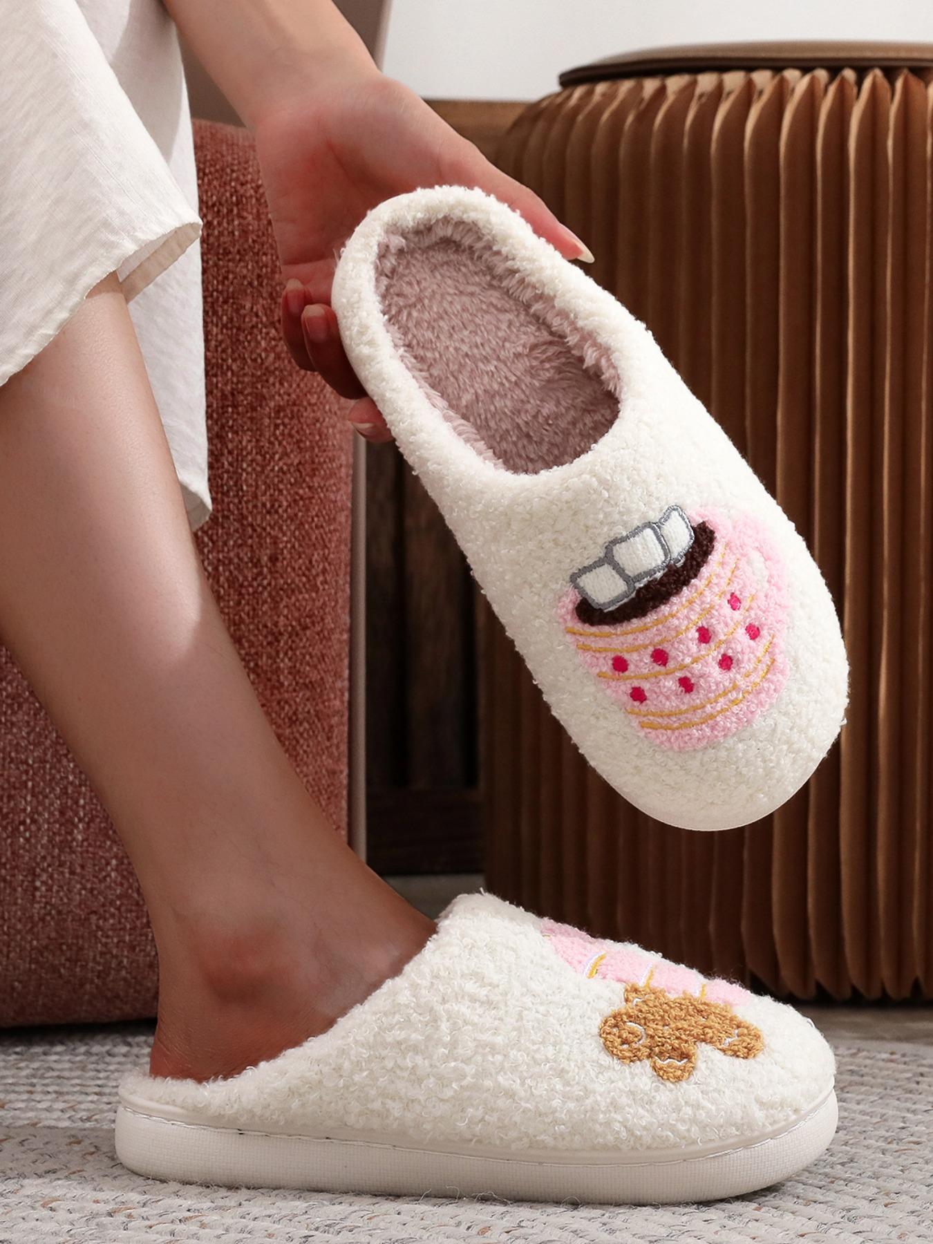 Christmas Plush Slippers, Embroidered Gingerbread Man Cane Cocoa Cup Design, Warm Indoor Outdoor Non-Slip Shoes for Fall Winter