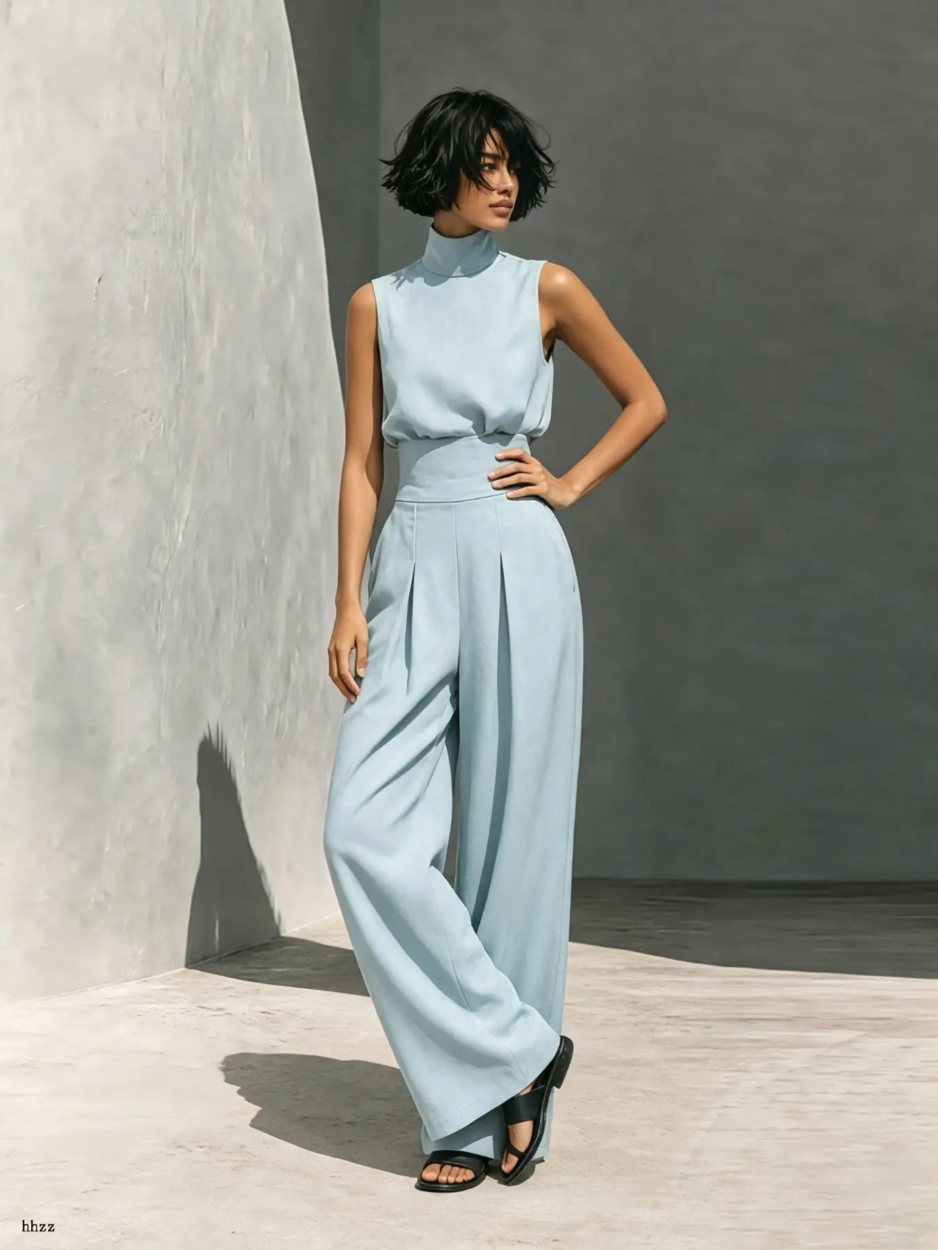 Minimalist Luxury Home Sleepwear Loungewear Set, Sleeveless High Neck Backless Top and Loose High Waist Wide Leg Pants, Casual Comfortable