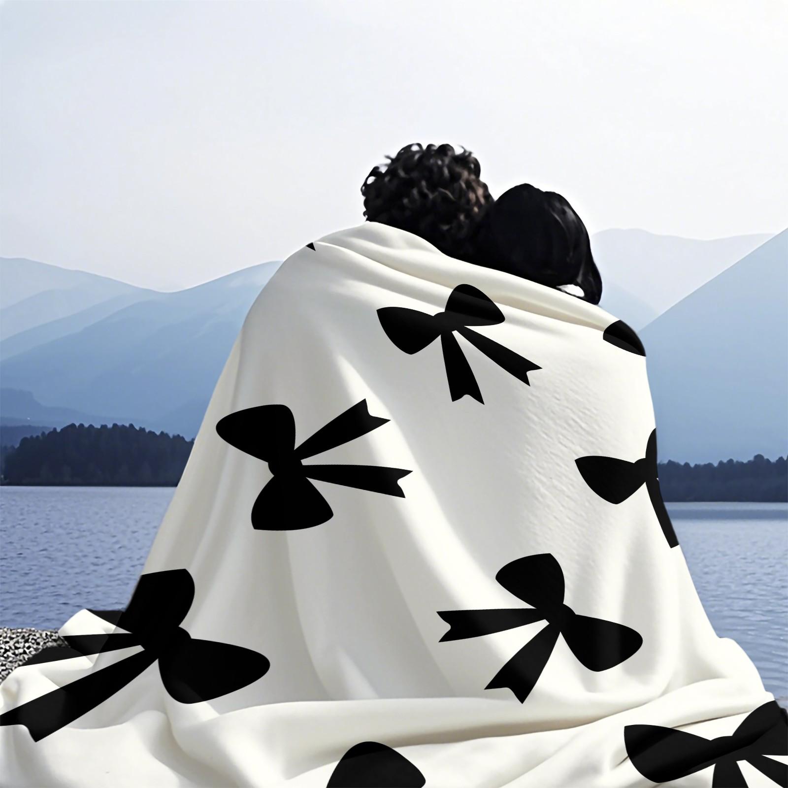 Cute Bow Knot Throw Blanket, Kawaii Pastel Ribbon Soft Flannel Blanket for Sofa Bed, Cozy Gift for Girls Women