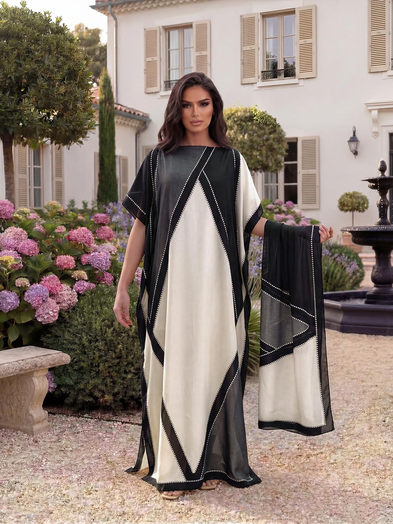 Elegant Geometric Print Shawl Set, Fitted Long Robe with Headscarf, Sun Protection Silk Scarf, Beachwear for Women, All Seasons, Swimsuit Coverup, Beach Cover Ups, Swimwear Cover Up