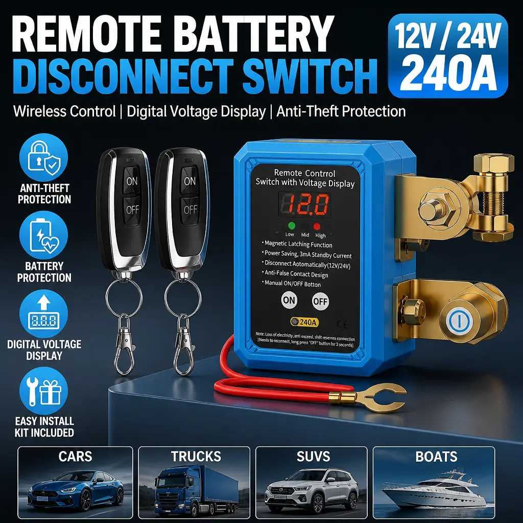 Anti-Theft Remote Battery Disconnect Switch, 12V/24V 240A Wireless Power Cutoff Kit with Digital Voltage Readout for Automotive Use