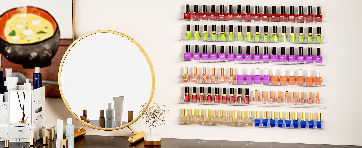30 Inch Clear Nail Polish Wall Rack with Removable End Caps Set of 6, Acrylic Nail Polish Organizer Wall Mounted,Nail Polish Sorage Shelves for 192 Bottles (30 Inch)
