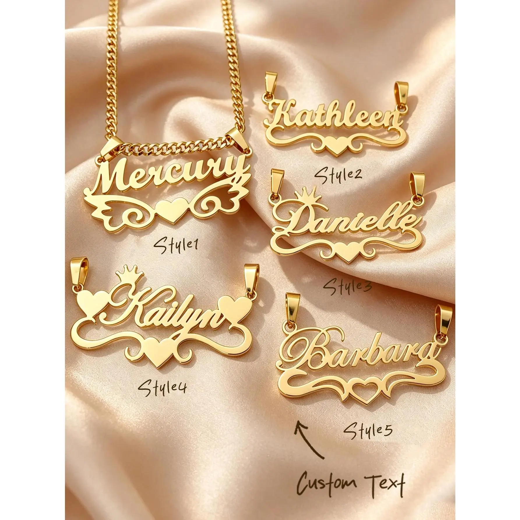 Personalized custom name jewelry necklace, featuring 5 different styles, crafted from 18k gold stainless steel, perfect for ever