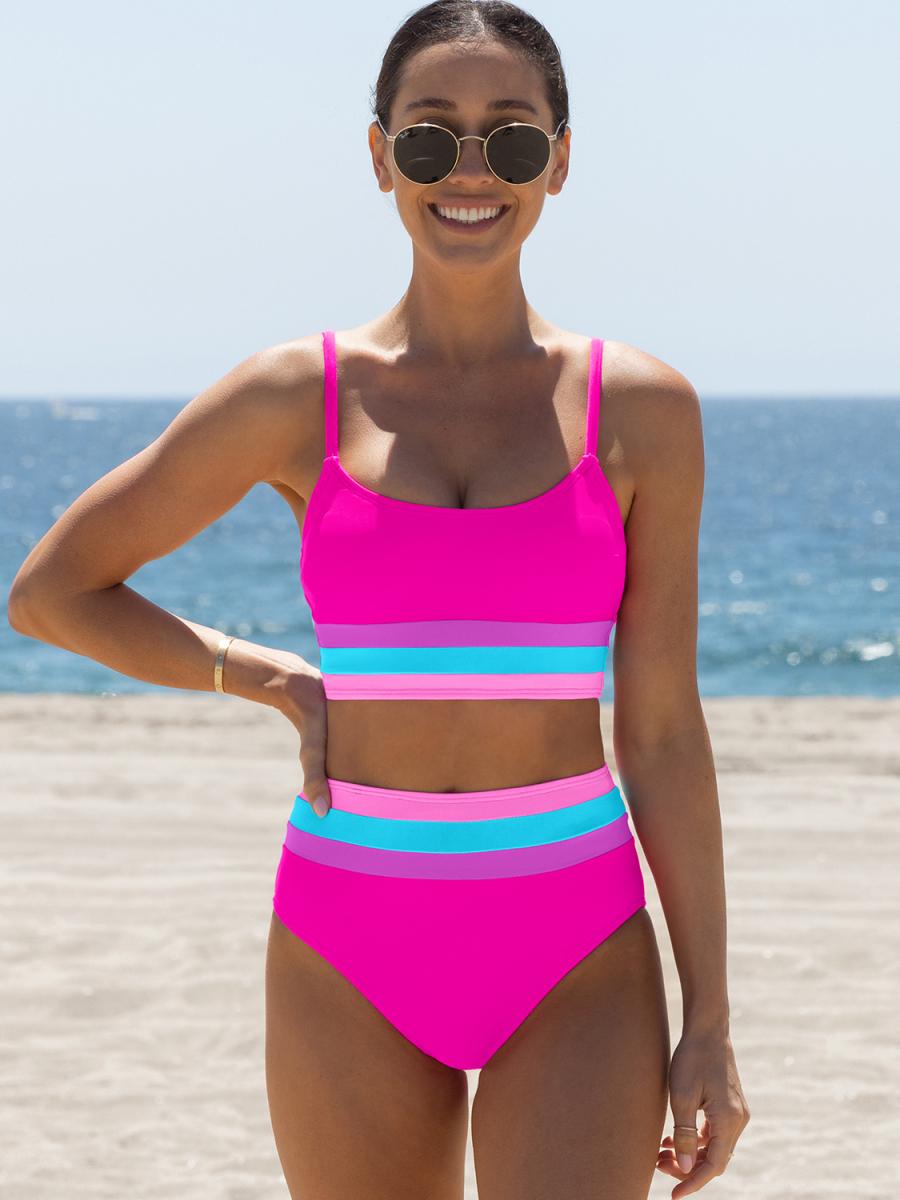 Popvil Beachball Kayaking 3 Piece Bikini Sets,Tummy Control & High Waisted Swimsuit with Adjustable Wide Shoulder Straps, Neon Color Sporty Swimsuit