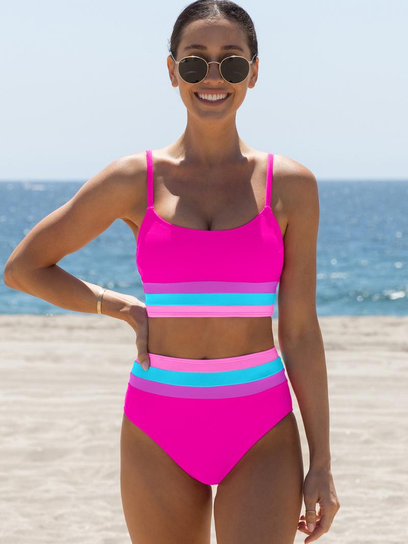 Popvil Patchwork Sporty 3 Piece Bikini Sets,Tummy Control & High Waisted Swimsuit with Wide Shoulder Straps